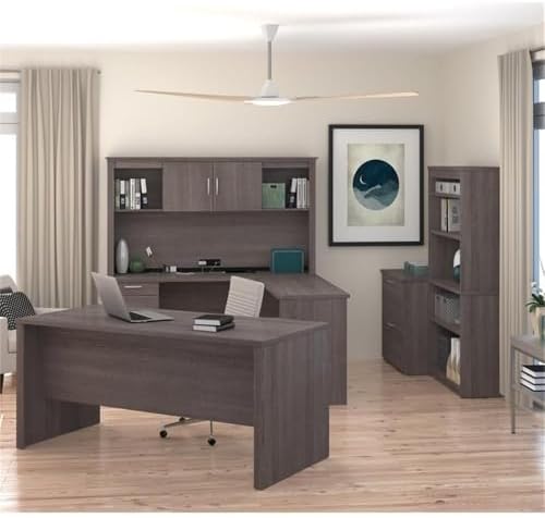 Pemberly Row Modern U-Shaped Engineered Wood Desk with Hutch File and Bookcase, Fully Reversible Unit, Assembly Required, for Home Office, in Bark Gray Finish - Thumbnail 2