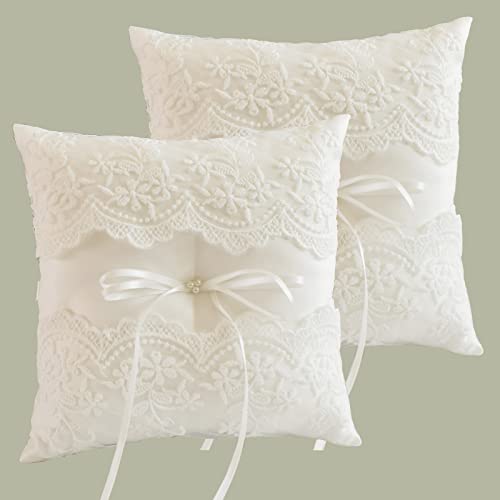 2 PCS Wedding Ring Bearer Pillows, Lace Pearl Ivory Ring Pillow C...
