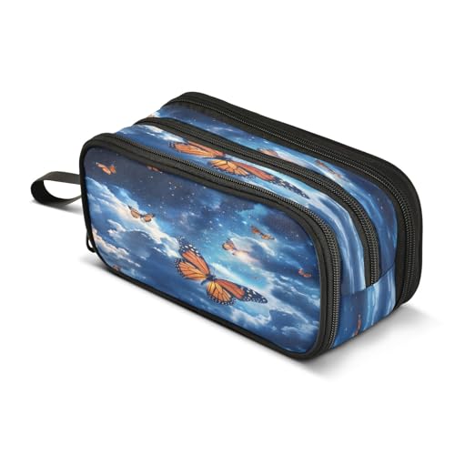 Image of Butterfly Sky Pencil Case 3 Compartment Pen Bag Pouch Holder Box School Portable Stationery Storage Bag for Girls Boys