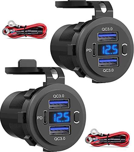 SUTNSCW 12V USB Outlet, Dual USB Quick Charge 3.0 Port & PD USB C Car Charger Socket with Voltmeter and Power Switch for Car Boat Marine Truck 2 Pack