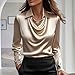 Shirts for Women Satin Silk Cowl Neck Collared Shirt Comfy Dressy Long Sleeve Work Shirts Business Casual Blouses Gold