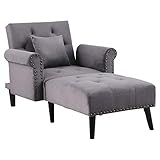 HOMCOM 2-in-1 Chaise Lounge Chair with Thick Padding Armrest, Adjustable Reclining Backrest, Velvet Touch Fabric, Pillowand Wooden Legs for Bedroom, Living Room, Grey