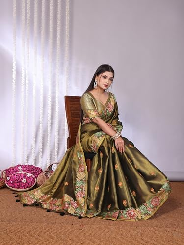 Image of SWORNOF Gold-Toned Woven Design Silk Zari Tissue Saree | Saree for Women | Soft and Skin Friendly
