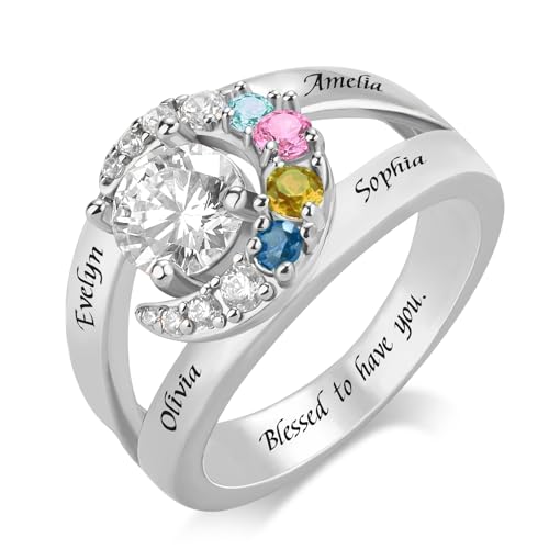 SYP S925 Sterling Silver Personalized Mothers Birthstone Ring with 1-8 Names for Women Wife Mom Gift Custom Family Moon Ring for Mothers Day Christmas Birthday (4 Names & Birthstones)