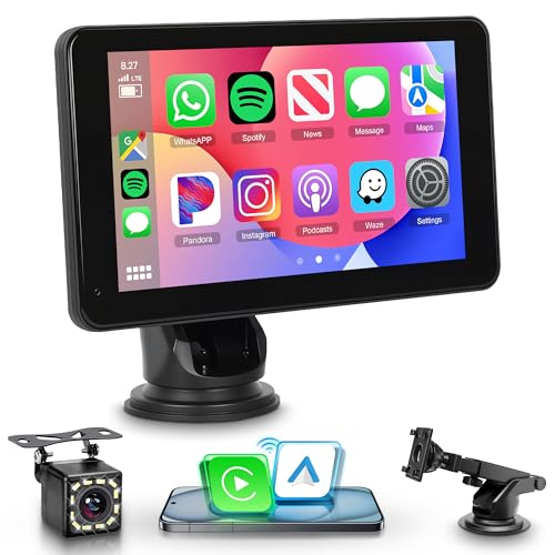 Portable Wireless Carplay Screen wiith Backup Camera Android Auto Portable Car Radio Car play, 7" HD IPS Touch Screen Bluetooth FM Transmitter Mirror Link OTA SuperLink AUX 7-32V