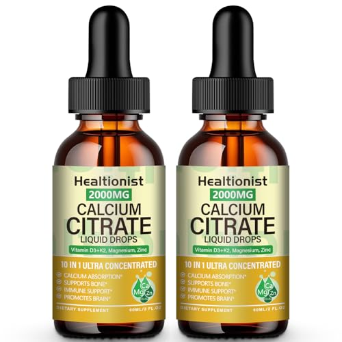 Healtionist 2 Packs 2000mg Calcium Citrate with Vitamin D3 K2 Supplements Liquid Drops for Women & Men Magnesium Zinc High Absorption Bone Teeth Muscle & Immune Support 4 Fl oz
