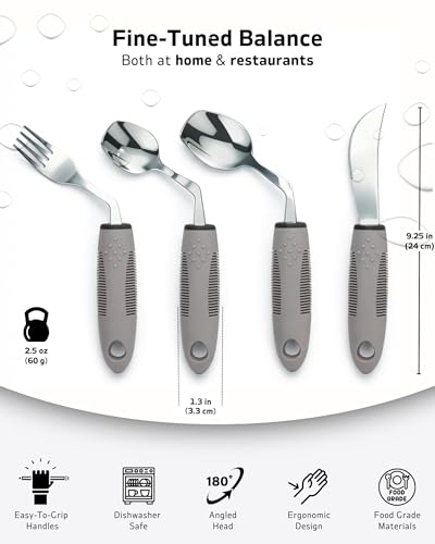 4-Piece Adaptive Utensils Set with Rocker Knife & Shovel Spoon - 42° Angled Parkinsons Utensils, 2.5 oz Weighted Silverware for Hand Tremors and Arthritis, Adaptive Eating Utensils (Grey Right-handed) - Image 7