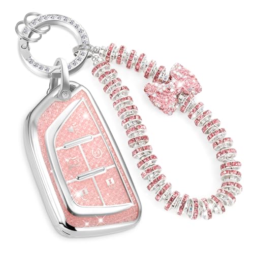 Image of for Cadillac Key Fob Cover with Fashionable Zirconia Wristlet KeyChain,Enchanting Diamond Patterns Soft Case for Escalade ATS XT4 /5 /6 XTS CT6 CTS ELR SRX STS (Pink, B)