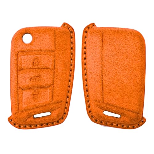 Image of KMH Alcantara Car Key Cover Compatible with Volkswagen Polo Vento Jetta Ameo Passat and Skoda Rapid Laura Superb Octavia Fabia Yeti 3 Button Shell Case Holder Smart Keycover (D1) Orange - Pack of 1