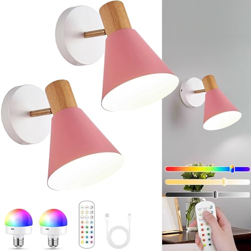 Image of Battery Operated Wall Sconces Lighting Set of 2, Adjustable Wireless Wall Lamp, Cordless Wall Lighting with Remote and Dimmable Rechargeable Bulbs for Bedroom Living Room (Pink)