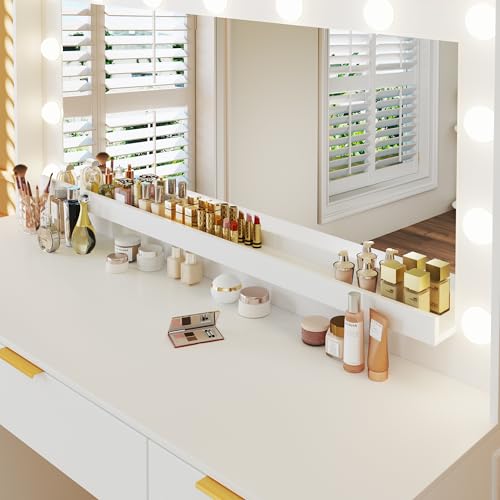Image of HUAHUU Vanity Desk with Mirror and Lights, 45.3in Makeup Vanity with 7 Drawers & Large Mirror, White Vanity with 3-Color Adjustable Lighting & Power Outlet, Vanity Desk for Bedroom