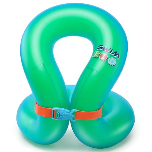 Kids Swim Vest Pool Floaties for Kids 7-14 yrs Learn to Swim Arm Float Fits Children 50-88 Lbs Swim Trainer with Dual Air Chambers & Adjustable Safety Buckle Swimming Ring for Beach & Pool-Green M