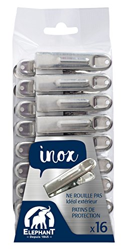 ÉLÉPHANT Maison - Pinces à Linge INOX x16 - Solides & Antirouille - Patins de Protection, Idéales pour Extérieur, Haute Résistance Humidité - Tout Type de Linge - Haute Qualité