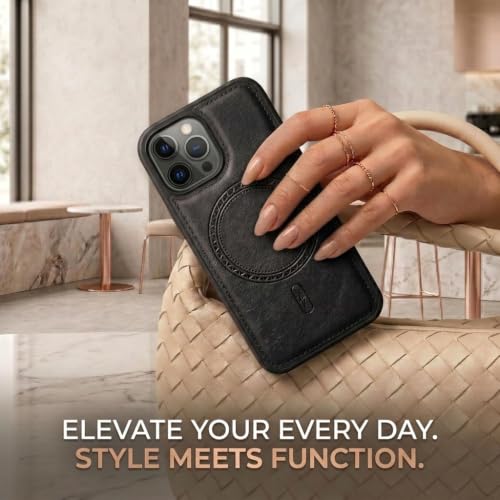 Image of amazon basics Premium PU Leather Case for iPhone 12 Pro Max, MagSafe Compatible Magnetic Ring, Sleek Protective Back Cover - [Black]