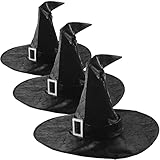 Handepo 3 Pcs Halloween Witch Hats for Adult Women Men Black Pointed Witch Hats Faux Leather Hat Wide Brim Wizard Hat Halloween Masquerade Cosplay Party Costume Accessory