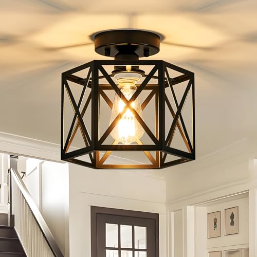 KUZIEG Modern Farmhouse Semi Flush Mount Ceiling Light,Industrial Black Ceiling Lighting Fixture,Hexagonal Close to Ceiling Lights for Kitchen, Hallway, Entryway, Bedroom,Foyer,Laundry Room,9.5 Inch by KUZIEG - Used condition - US$17.50