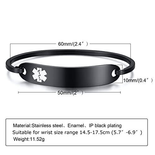 VNOX Free Engraving-Stainless Steel Medical Alert ID Bangle Bracelet,Black,7.4",Asthma
