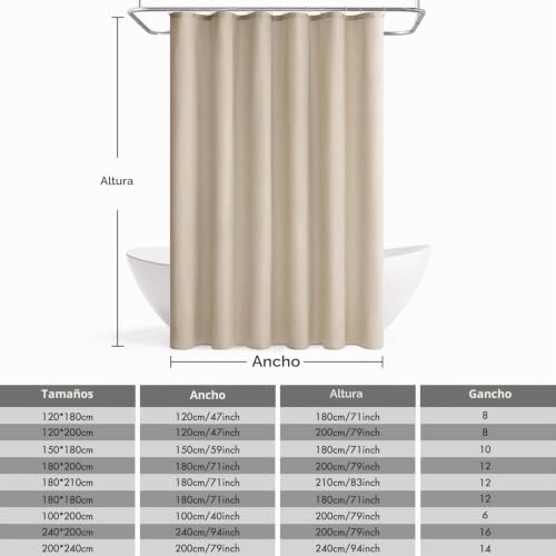 Miniatura 6 de Miulee Cortina De Ducha De Lino Texturizado 150x180 Cm Beige Claro, Cortinas De Ducha Impermeables De Poliéster De Lujo Para Hoteles, Cortina De Baño De Tejido Lavable Antimoho Con 10 Anillas