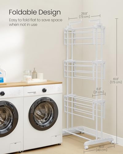 Image of SONGMICS Clothes Drying Rack Stand 4-Tier, Foldable Laundry Drying Rack 68.1-Inch Tall, Stainless Steel, Rolling Clothes Horses Dryer Rack, Easy to Assemble, Indoor Outdoor Use, Cloud White ULLR701W03 | Indoor Outdoor Use, Rolling Clothes Horses Dryer Rack, Cloud White ULLR701W03