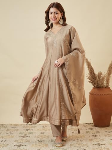 Image of MOKOSH Women's Silk Embroidery Anarkali Kurta Pant with Dupatta | Anarkali Kurta Set |Ethnic Kurta Set for Women |Floral Kurta 7 Colour Options Available |3 Piece Outfit