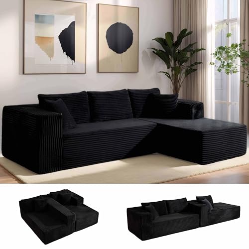 Image of 110 inch No Assembly Compression Boneless in a Box Cloud Sectional Couches for Living Room L-Shape Couch Sleeper Sofa, Modern Modular Corduroy Reclining Comfy Fluffy Memory Foam Furniture for Home Black