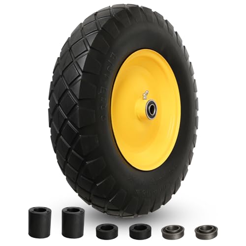 4.80/4.00-8" Tire and Wheel Assembly Set for Wheelbarrows, 5/8" or 3/4" Bore Wheelbarrow Tires for Utility Cart, Wheel Barrel, Wagon, Trailer, Dolly, 16" Solid Rubber Tires Without Flat Spots, 1 Pack