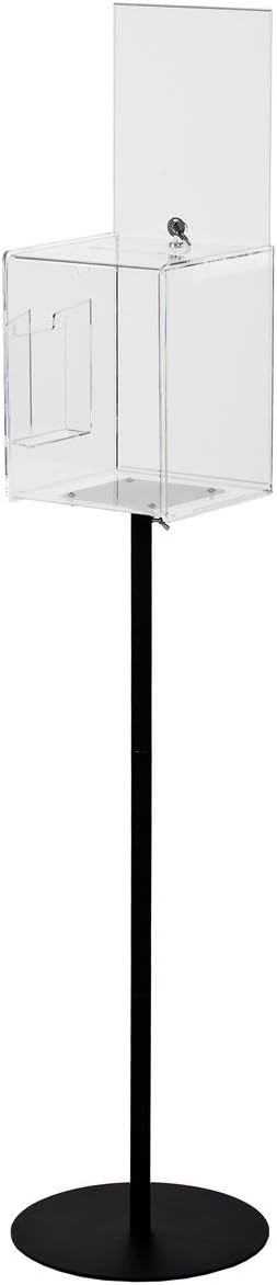 Floor-standing Ballots Box with Side Pocket for Entry Forms and (2) 8.5x11 Sign Holders, Locking Door - Clear Acrylic Box with Black Steel Pedestal Stand