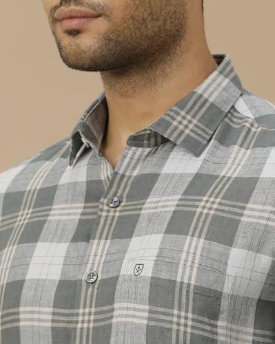 Image of Linen Club Men's Pure Linen Green Checked Contemporary Fit Full Sleeve Casual Shirt