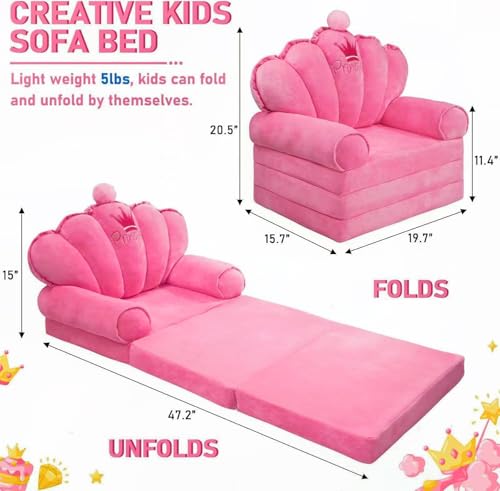 harhoers Pink Princess Toddler Couch Fold Out, 2-in-1 Foldable Sofa Bed & Chair for Kids 1-5, Comfy Crystal Velvet Kids Lounge Chair for Playroom, Gift