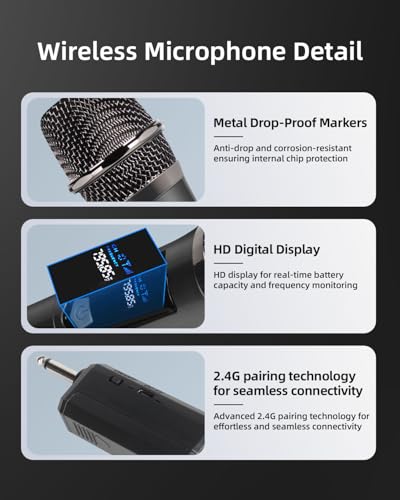 Image of 2.4GHz Wireless Microphone System, Dual Handheld Cordless Dynamic Mics with Rechargeable Receiver, Anti-Interference Plug & Play Mic for Karaoke Machine, Party, Speaker, Church, 200-250ft Range