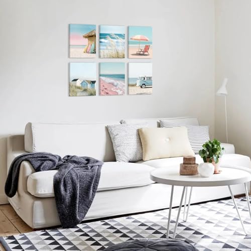 Image of CHDITB Coastal Beach Pastel Framed Canvas Wall Art, Ocean Summer Scenery Artwork, Boho Seaside Cottage Wall Decor, Pink Sand Wave Beach Hut Art Prints For Living Room Bedroom Decor 8 inchx10 inchx6