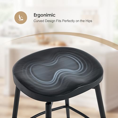 Image of 25 inch Swivel Backless Saddle Bar Stools Set of 4, Unstained Raw Wood | Solid Wood Saddle Seat with Metal Legs, Footrests and Non-Marking Feet for Kitchen Island