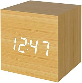 Micar Digital Alarm Clock Wooden Alarm Clock USB/Battery Powered, Desk Clock Cube Clock for Bedrooms, Kids, Living Room, Kitchen with Date Temperature Time Display, Bamboo Color