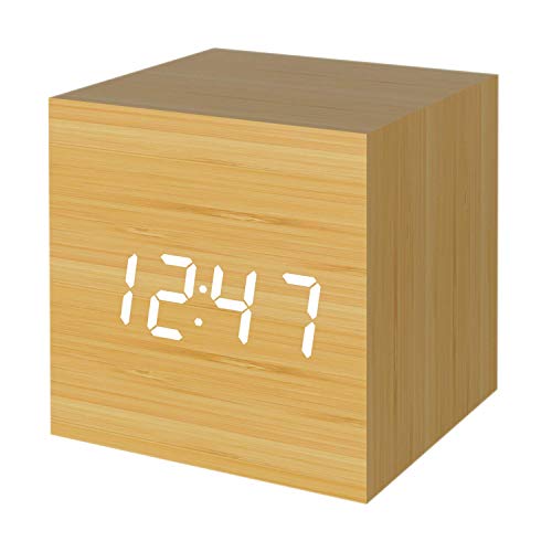 Digital Alarm Clock, MiCar Wood LED Light Mini Modern Cube Desk Alarm Clock Displays Time Date Temperature for Kids, Bedrooms, Home, Dormitory, Travel