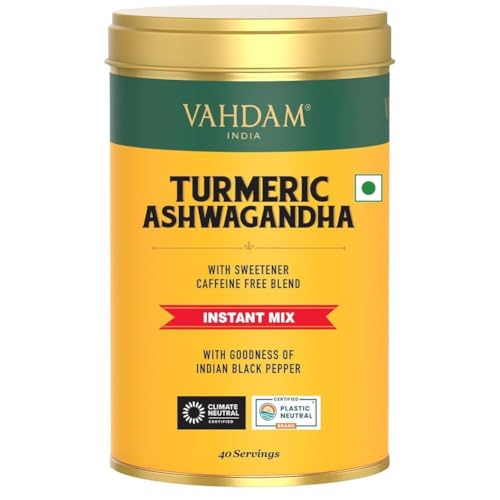 VAHDAM, Cúrcuma Ashwagandha Mix Latte (100g, 40 Tazas) Sin Cafeína Con Curcumina, Cúrcuma En Polvo Y Ashwagandha | Leche Dorada En Polvo | Preparar Caliente, Frío O Con Leche