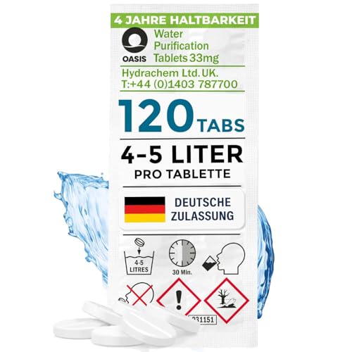 Wicked Chili Wasseraufbereitung Trinkwasser (120 Tabletten) Wasserentkeimung & Trinkwasseraufbereitung je 4-5 Liter, Notfall Reise Ausrüstung, Tabletten für Blackout, Notfallrucksack, Reiseapotheke