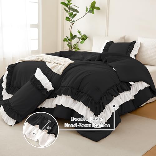 Image of QSH 3PCs Black White Shabby Boho Chic Ruffled Bedding Comforter Queen Size,Farmhouse Vintage Rustic Ruffle Comforter Set Queen Ultral Soft Microfiber Lightweight Fluffy Comforter Set with Pillowcases