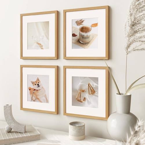 Image of FLYJOE 12x12 Oak Wood Square Picture Frame with Mat for 8x8, 12 by 12 USA-Sourced Natural Solid Wooden Photo Frame for Wall Display, Shatterproof Plexiglass, Hanging Hardware Included, 1 Pack, Natural
