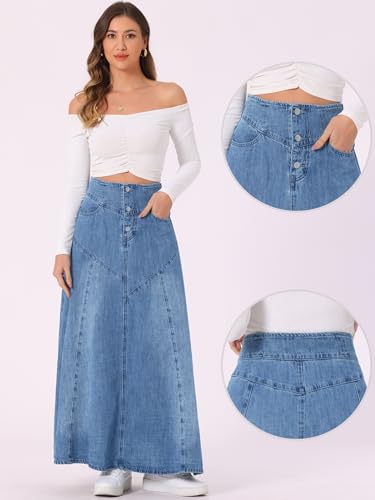 Allegra K Casual Denim Skirt for Women's High Waisted A-Line Flared Maxi Skirts2