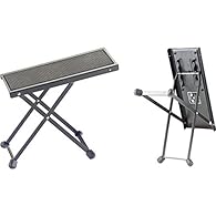 Metal foot rest in black Three adjustable height levels 0.55kg 2.5cm x 31cm x 12cm folded dimensions Max load capacity 35kg