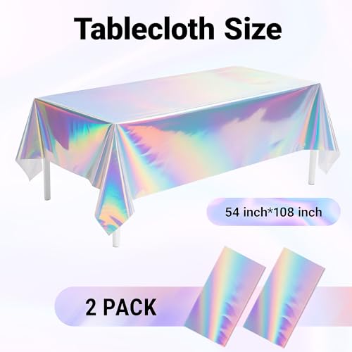 Image of 2 Pack Iridescent Tablecloth, 54 inch x 108 inch Birthday Party Table Cloths Iridescence Plastic Disposable Table Covers Iridescent Party Decorations, Birthday Decor Tablecloth for Buffet Table