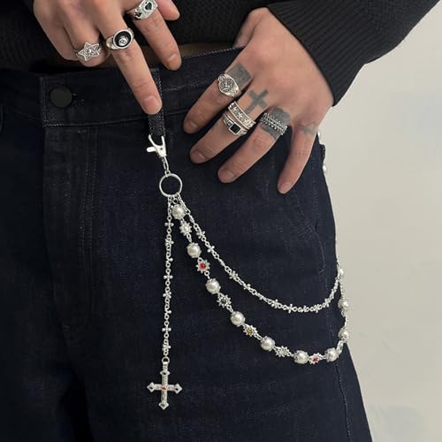 Fashion Layered Pants Wallet Chains - Exquisite Gold Silver Rhinestone Flower Pearl Jean Pocket Chain for Women Men Cute Bag Purse Charms Jewelry (silver link daisy)