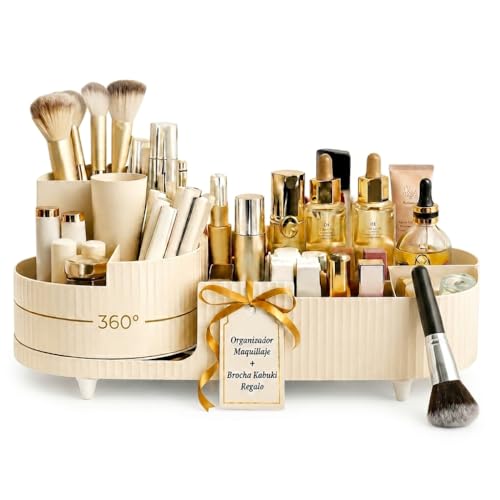 BEMANZ Organizador de Maquillaje Giratorio, Organizador Maquillaje, Organizador Pinceles + Brocha para Maquillaje INCLUIDA Makeup Organizer Accesorios Tocador, Organizador Perfumes y Cosméticos