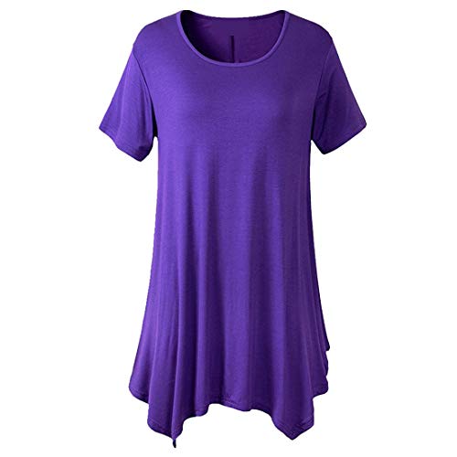 Womens New Plain Uneven Dipped Hem Round Scoop Neck Ladies Short Sleeve Stretch Fit T-Shirt Top Women Casual Round Neck Pleated Tunic Tops Shirts Blouse T-Shirt Loose Solid Color Bottoming Shirt