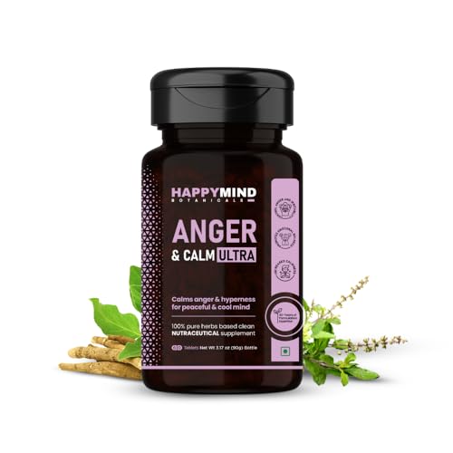 Image of HappyMind Botanicals Anger & Calm Ultra | Ayurvedic Anger Control Supplement for Calm Adults | Helps in Anger Management, Irritability & Emotional Relief | Ashwagandha, Tagar, Gulab | 60 Vegan Tablets