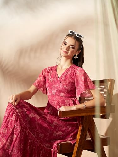 Image of Miss Chase Women's Floral V-Neck Flutter Sleeve Wrap Chiffon Maxi Dress