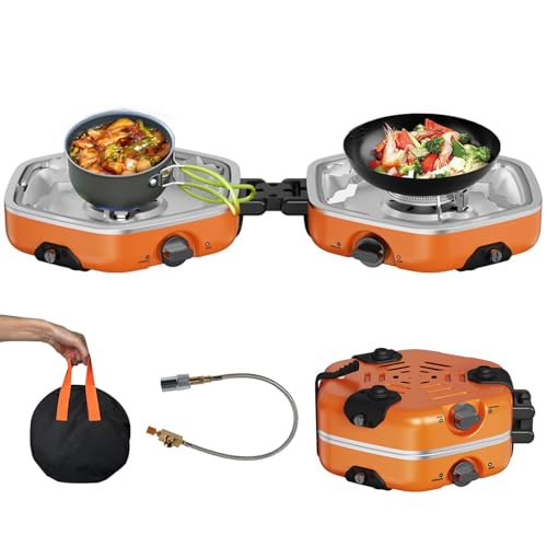 Estufa de camping a gas, 17000 BTU, estufa portátil y parrilla, 2 quemadores ajustables con encendido piezoeléctrico para cocinar, senderismo, camping, senderismo, picnic