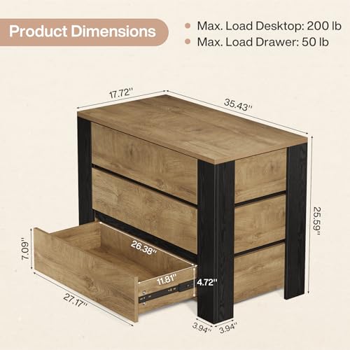 Image of Tribesigns 36 inch Wide Nightstand Set of 2, Oversized Night Stand with 3 Drawers, Extra Large Nightstand Bedside Table for Bedroom, Farmhouse Side End Table with Storage, Wood Color