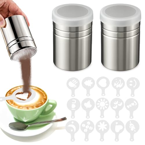 2 Pack Chocolate Powder Shaker for Cappuccino, Icing Sugar Shaker Duster, Chocolate Sprinkler, Stainless Steel Mesh Powdered Coffee Duster with 16 Coffee Stencils, Perfect for Cocoa, DIY Coffee