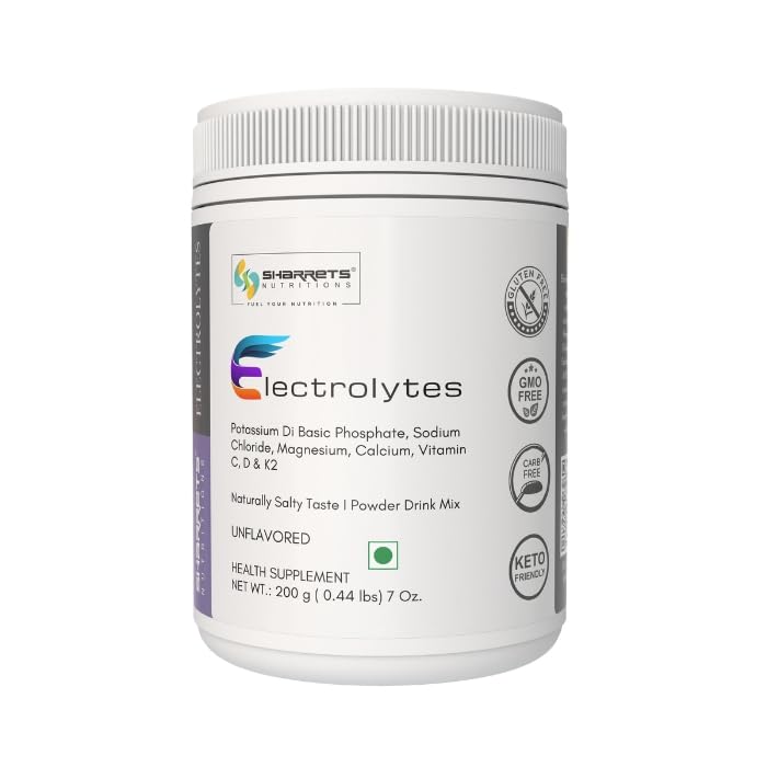 Sharrets Electrolytes Powder 200g Unflavored - with Essential Minerals (K,P, Na,Cl, Mg,Ca) and Vitamins C, D, & K2 - For Intermittent Fasting, Keto, Energy, and Hydration.